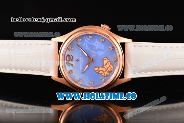 Vacheron Constantin Metiers d'Art Swiss ETA 2824 Automatic Rose Gold Case with Blue MOP Dial White Leather Strap and Diamonds Markers - Click Image to Close